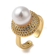 Rack Plating Brass Micro Pave Clear Cubic Zirconia Open Cuff Rings, with Round ABS Plastic Imitation Pearl Beads, Long-Lasting Plated, Real 18K Gold Plated, 16mm, Adjustable(RJEW-H235-02G)