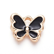 Light Gold Plated Alloy Charms, with Enamel, Butterfly, Black, 10.5x12.5x2.5mm, Hole: 2mm(X-ENAM-L029-06B)
