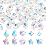 60Pcs 10 Style Faceted Glass Pendants, AB Color, Snowflake & Heart & Flower & Fan & Teardrop Shape, Clear AB, 8.5~16.5x9~15x3~8mm, Hole: 1~1.5mm, 6Pcs/style(GLAA-GA0001-62)