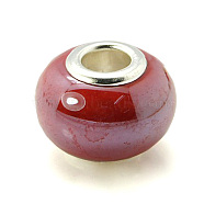 Handmade Porcelain European Beads, Large Hole Beads, with Nickel Color Brass Double Cores, Rondelle, Dark Red, 14~15x12mm, Hole: 5mm(X-PORC-H009-4)