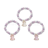3Pcs 3 Color Glass Pearl Round Beaded Stretch Bracelets Set, Resin Bear Charms Stackable Bracelets with Rhinestone for Women, Mixed Color, Inner Diameter: 2-1/4 inch(5.55cm), 1Pc/color(BJEW-JB09328)