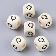 Printed Natural Wood Beads, Horizontal Hole, Cube with Initial Letter, PapayaWhip, Letter.Q, 10x10x10mm, Hole: 3.5mm(X-WOOD-T026-001Q)
