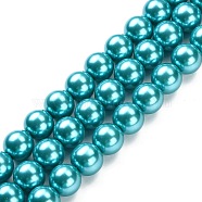Eco-Friendly Glass Pearl Beads Strands, Grade A, Round, Dyed, Cotton Cord Threaded, Deep Sky Blue, 12mm, Hole: 1.2~1.5mm, about 34pcs/strand, 15.7 inch(HY-A008-12mm-RB073)