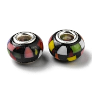 Bohemian Style Resin European Beads, Large Hole Beads, Rondelle, Platinum Color Core, Black, 14x9.5mm, Hole: 4.8mm(RESI-D069-01C)