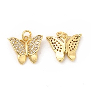 Brass Micro Pave Cubic Zirconia Pendants, with Jump Ring, Butterfly Charm, Golden, Clear, 13.5x17x3.5mm, Hole: 3mm(KK-H441-20G)