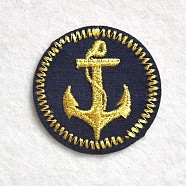 Computerized Embroidery Cloth Iron on/Sew on Patches, Costume Accessories, Appliques, Flat Round with Anchor, Gold, 45mm(DIY-O003-18)