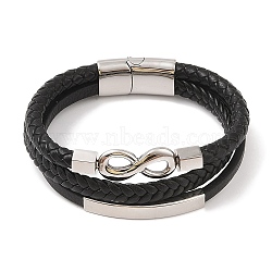 Braided Microfiber Leather Multi-strand Bracelets, 304 Stainless Steel Bracelets for Men, Stainless Steel Color, Infinity, 8-5/8x7/8 inch(22x2.2cm)(BJEW-B096-05D)