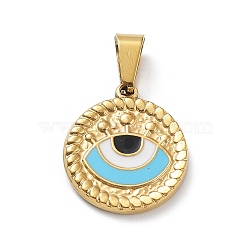 Ion Plating(IP) 304 Stainless Steel Pendants, with Enamel, Golden, Flat Round with Evil Eye Charm, Light Sky Blue, 18.5x16.5x2mm, Hole: 7.5x3.5mm(STAS-Q311-01G-04)