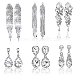 6 Pairs 6 Style Alloy Rhinestone Teardrop Dangle Clip-on Earrings, Brass Chains Tassel Stud Earrings, Platinum, 39.5~106.5x13~17.5mm, 1 Pair/style(EJEW-FI0002-91)