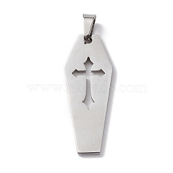 Non-Tarnish 304 Stainless Steel Pendants, Laser Cut, Coffin with Cross Charm, Stainless Steel Color, 30x11x1mm, Hole: 3x5mm(STAS-E190-03P)