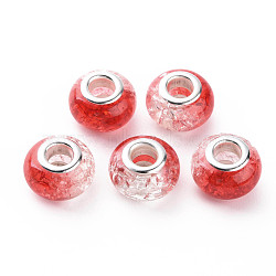 Crackle Two Tone Resin European Beads, Large Hole Beads, with Silver Tone Brass Double Cores, Rondelle, Red, 14x9.5mm, Hole: 5mm(RPDL-T003-06H)