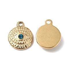 Teal Glass Pendants, with Vacuum Plating 201 Stainless Steel Findings, Flat Round with Evil Eye, Real 18K Gold Plated, 13.5x11x3mm, Hole: 1.6mm(STAS-C064-VC817)