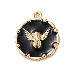 Zinc Alloy Enamel Pendants, Golden, Flat Round with Angel Cupid Charm, Black, 20x17x3mm, Hole: 1.5mm(ENAM-Z011-02G-B)