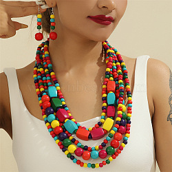 Wood Beaded Multilayer Necklaces & Dangle Earrings Sets, Colorful, 640~720mm(WG1A9CE-05)