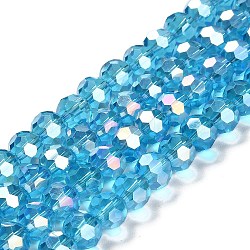 Transparent Glass Beads, 32 Facets, AB Color Plated, Round, Deep Sky Blue, 10x8.5~9mm, Hole: 1.6mm, about 67pcs/strand, 23.62''(60cm)(EGLA-A035-T10mm-B08)