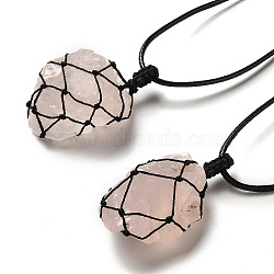 Irregular Nuggets Natural Rose Quartz Pendant Necklace, Wax Rope Macrame Pouch Adjustable Necklace for Women, 32.28 inch(82cm)(G-H286-02B)