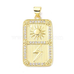 Brass Cubic Zirconia Pendants, Long-Lasting Plated, Lead Free & Cadmium Free, Rectangle with Sun and Lightning Pattren, Real 18K Gold Plated, 28.7x16x1.8mm, Hole: 3.5x4.5mm(ZIRC-C022-42G)