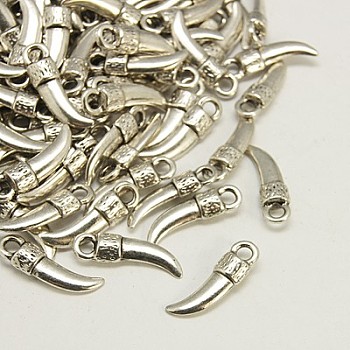 Tibetan Style Alloy Italian Horn Pendants, Antique Silver, Lead Free & Cadmium Free & Nickel Free, 20x6x4mm, Hole: 3mm