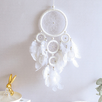 Woven Web/Net with Feather Pendant Decorations, with Polyester Cord and Iron Finding, White, 460x160x5mm