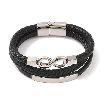 Braided Microfiber Leather Multi-strand Bracelets, 304 Stainless Steel Bracelets for Men, Stainless Steel Color, Infinity, 8-5/8x7/8 inch(22x2.2cm)