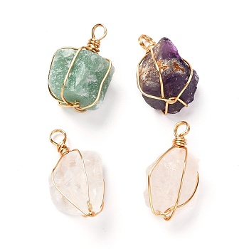 Natural Mixed Gemstone Pendants, with Real 18K Gold Plated Eco-Friendly Copper Wire, Nuggets, 23~28x15~17x14~17mm, Hole: 3~3.5mm