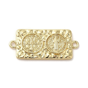 Religion Brass Saint Benedict Cross Connector Charms, Rectangle Links, Real 14K Gold Plated, 15x33x2.5mm, Hole: 2mm