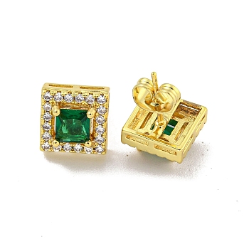 Square Brass Micro Pave Clear Cubic Zirconia Stud Earrings, with Emerald Rhinestone for Women, Real 18K Gold Plated, 10x10mm