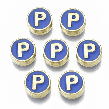 Alloy Enamel Beads, Cadmium Free & Nickel Free & Lead Free, Flat Round with Initial Letters, Light Gold, Letter.P, 8x4mm, Hole: 1.5mm