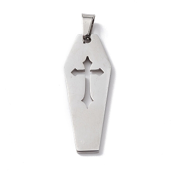 304 Stainless Steel Pendants, Laser Cut, Coffin with Cross Charm, Stainless Steel Color, 30x11x1mm, Hole: 3x5mm