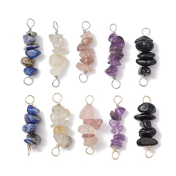 10Pcs 5 Styles Constellation Natural Gold Rutilated Quartz & Amethyst & Golden Sheen Obsidian & Strawberry Quartz & Lapis Lazuli Copper Wire Wrapped Chip Beaded Connector Charms, Platinum & Golden, Aries, 29~33x7.5~11x7.5~11mm, Hole: 2.5~3mm, 2pcs/style