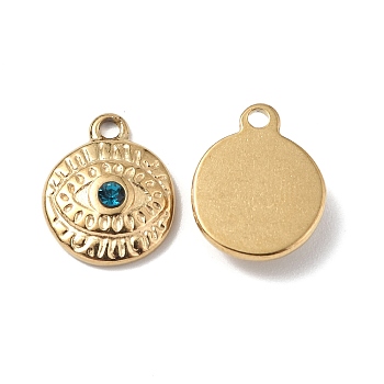 Teal Glass Pendants, with Vacuum Plating 201 Stainless Steel Findings, Flat Round with Evil Eye, Real 18K Gold Plated, 13.5x11x3mm, Hole: 1.6mm