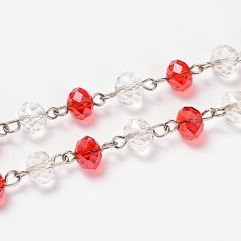 Glass Rondelle Beads Chains for Necklaces Bracelets Making, with Platinum Iron Eye Pin, Unwelded, Red, 39.3 inch