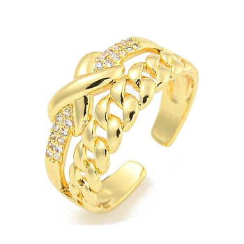 Clear Cubic Zirconia Open Cuff Ring, Brass Curb Chain Finger Rings for Women, Real 16K Gold Plated, 10mm