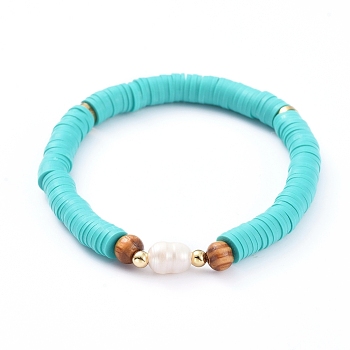 Handmade Polymer Clay Heishi Bead Stretch Bracelets, with Wood Beads, Natural Cultured Freshwater Pearl Beads and Brass Beads, Medium Turquoise, 2-1/8 inch(5.3cm)