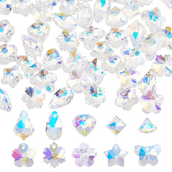 60Pcs 10 Style Faceted Glass Pendants, AB Color, Snowflake & Heart & Flower & Fan & Teardrop Shape, Clear AB, 8.5~16.5x9~15x3~8mm, Hole: 1~1.5mm, 6Pcs/style