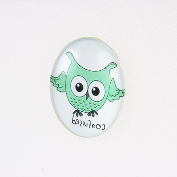 Cartoon Owl Printed Glass Oval Cabochons, Medium Aquamarine, 30x20x6mm