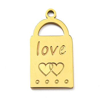 Ion Plating(IP) 316L Surgical Stainless Steel Pendants, Textured, Padlock with Word Love Charm, Real 18K Gold Plated, 28x14.5x1.5mm, Hole: 2mm