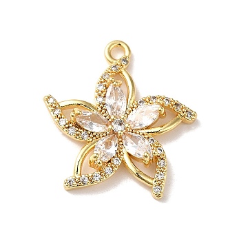 Brass Micro Pave Cubic Zirconia Pendants, with Glass Rhinestone, Flower, Real 18K Gold Plated, 23x21.5x4mm, Hole: 1.8mm
