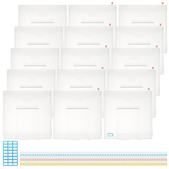 15Pcs A5 Transparent Plastic Invoice Bag Files Folder, Small Bill Storage Bags, Square, 1 Sheet Waterproof Sticker Labels, 1 Bag PET Rectangle Labeling Index Stickers, Mixed Color, 20.5~322x12~321x0.2mm