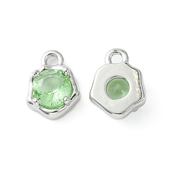 Brass Micro Pave Cubic Zirconia Charms, Irregular Shape Charm, Real Platinum Plated, Light Green, 9x7x3mm, Hole: 1.4mm