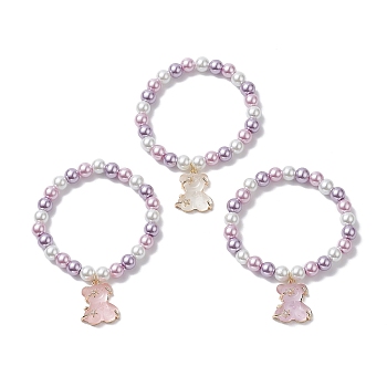 3Pcs 3 Color Glass Pearl Round Beaded Stretch Bracelets Set, Resin Bear Charms Stackable Bracelets with Rhinestone for Women, Mixed Color, Inner Diameter: 2-1/4 inch(5.55cm), 1Pc/color