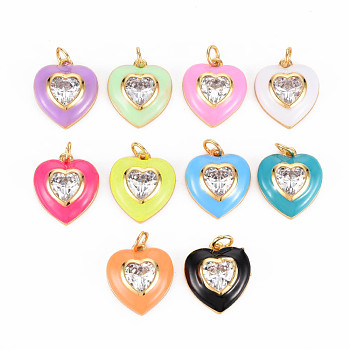 Brass Enamel Pendants, with Clear Cubic Zirconia and Jump Ring, Nickel Free, Real 16K Gold Plated, Heart, Mixed Color, 17.5x15.5x4.5mm, Hole: 3.5mm