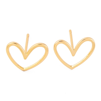 Brass Stud Earrings, Real 18K Gold Plated, with Raw(Unplated) Brass Pins, Heart, Real 18K Gold Plated, 1/2x3/8 inch(13x11mm), Pin: 0.7mm