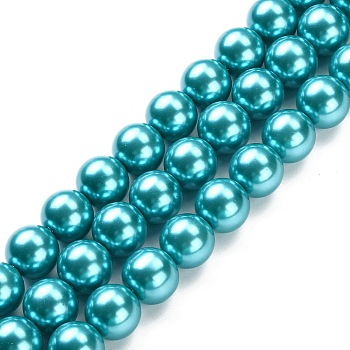 Eco-Friendly Glass Pearl Beads Strands, Grade A, Round, Dyed, Cotton Cord Threaded, Deep Sky Blue, 12mm, Hole: 1.2~1.5mm, about 34pcs/strand, 15.7 inch