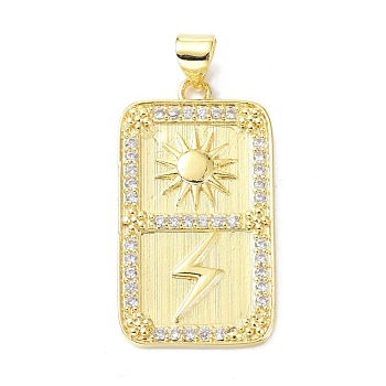 Brass Cubic Zirconia Pendants, Long-Lasting Plated, Lead Free & Cadmium Free, Rectangle with Sun and Lightning Pattren, Real 18K Gold Plated, 28.7x16x1.8mm, Hole: 3.5x4.5mm