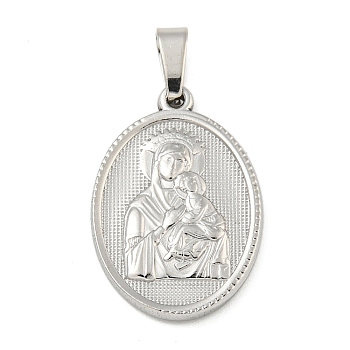 Non-Tarnish 304 Stainless Steel Pendants, Religious Theme Charm, Oval with Virgin Mary, Stainless Steel Color, 23.5x16x2.5mm, Hole: 5x3mm