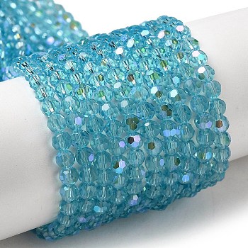 Electroplate Transparent Glass Beads Strands, Faceted, Round, Rainbow Plated, Deep Sky Blue, 4mm, Hole: 0.7mm, about 87~93pcs/strand, 32~33cm