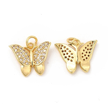 Brass Micro Pave Cubic Zirconia Pendants, with Jump Ring, Butterfly Charm, Golden, Clear, 13.5x17x3.5mm, Hole: 3mm