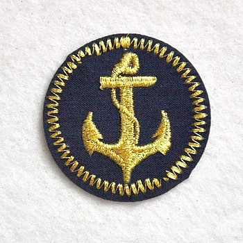 Computerized Embroidery Cloth Iron on/Sew on Patches, Costume Accessories, Appliques, Flat Round with Anchor, Gold, 45mm