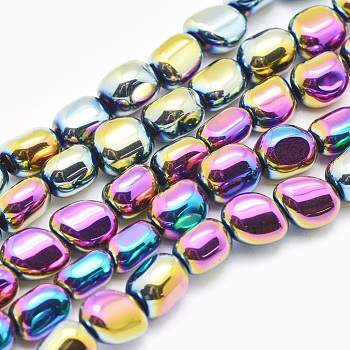 Electroplate Non-magnetic Synthetic Hematite Beads Strands, Nuggets, Multi-color Plated, 7x4~5mm, Hole: 1mm, about 57pcs/strand, 15.7 inch(40cm)